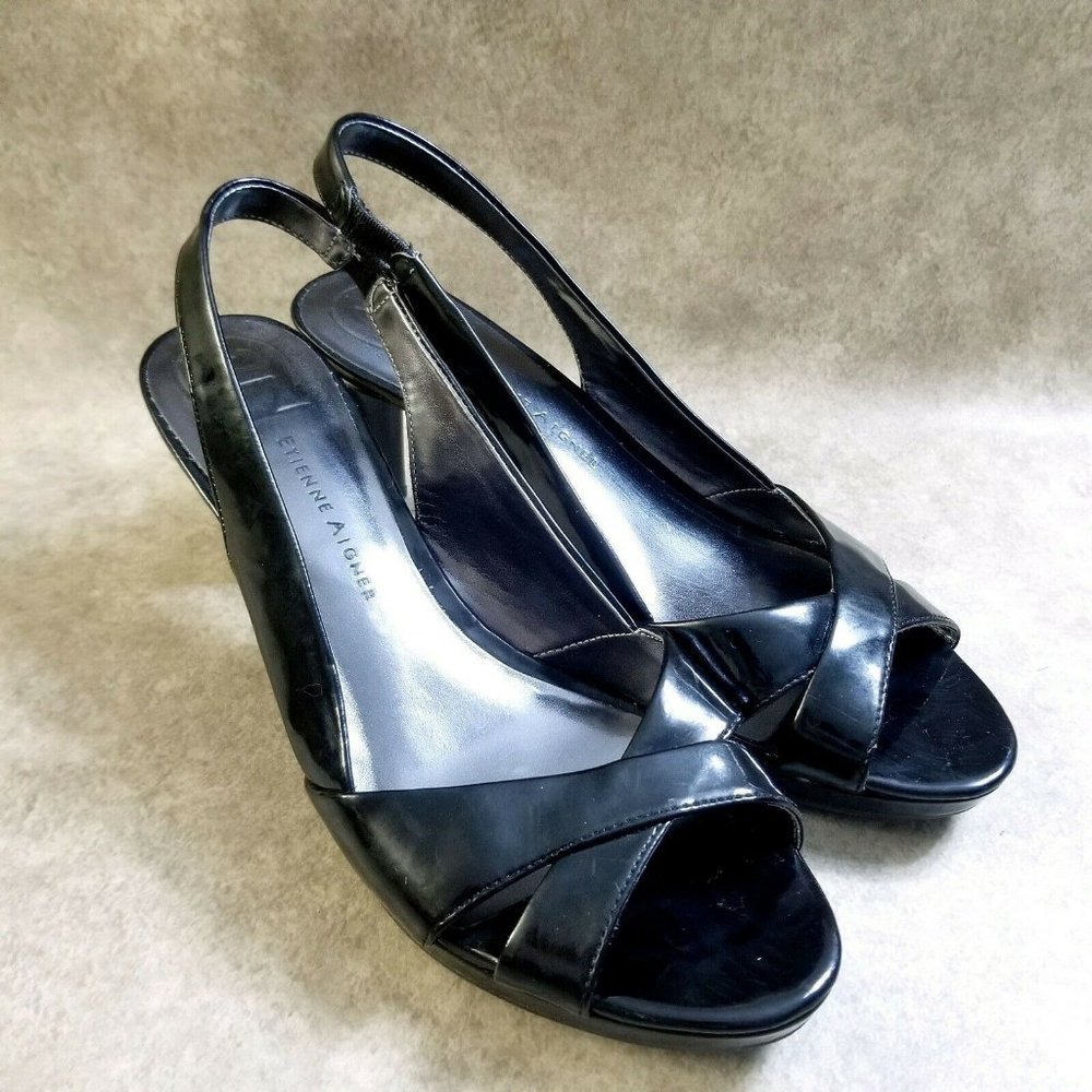 Etienne Aigner Womens E-Ophelia  Size 9.5 Black  Slingback Open Toe Heel Sandals